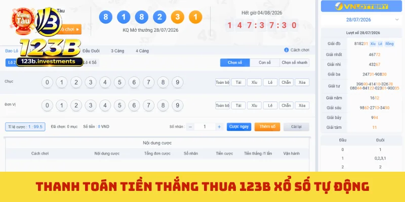 Thanh toán tiền thắng thua 123B xổ số tự động