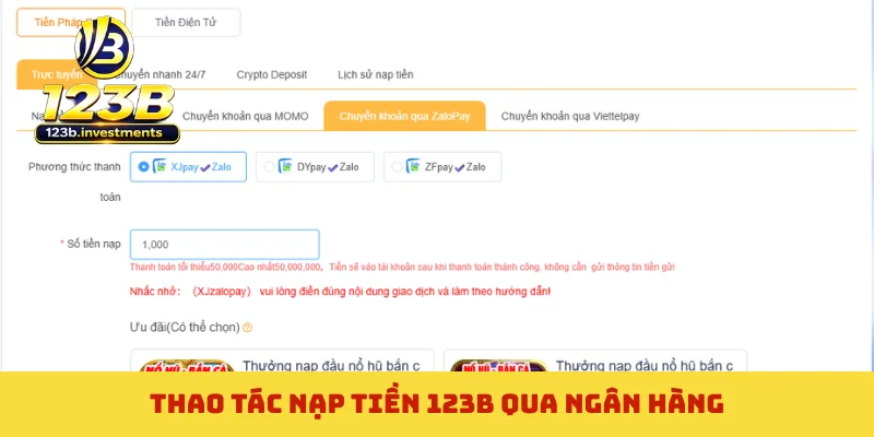 Thao tác nạp tiền 123B qua ngân hàng
